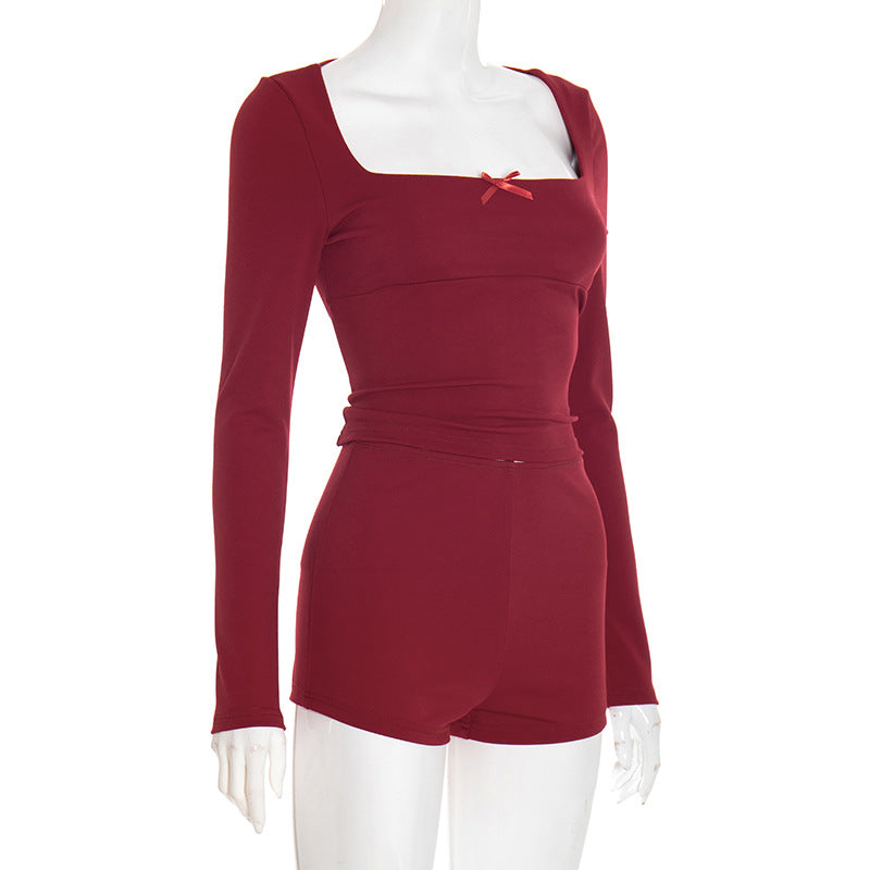 Long Sleeve Solid Color Two Piece Shorts Set GSZM D25ST354