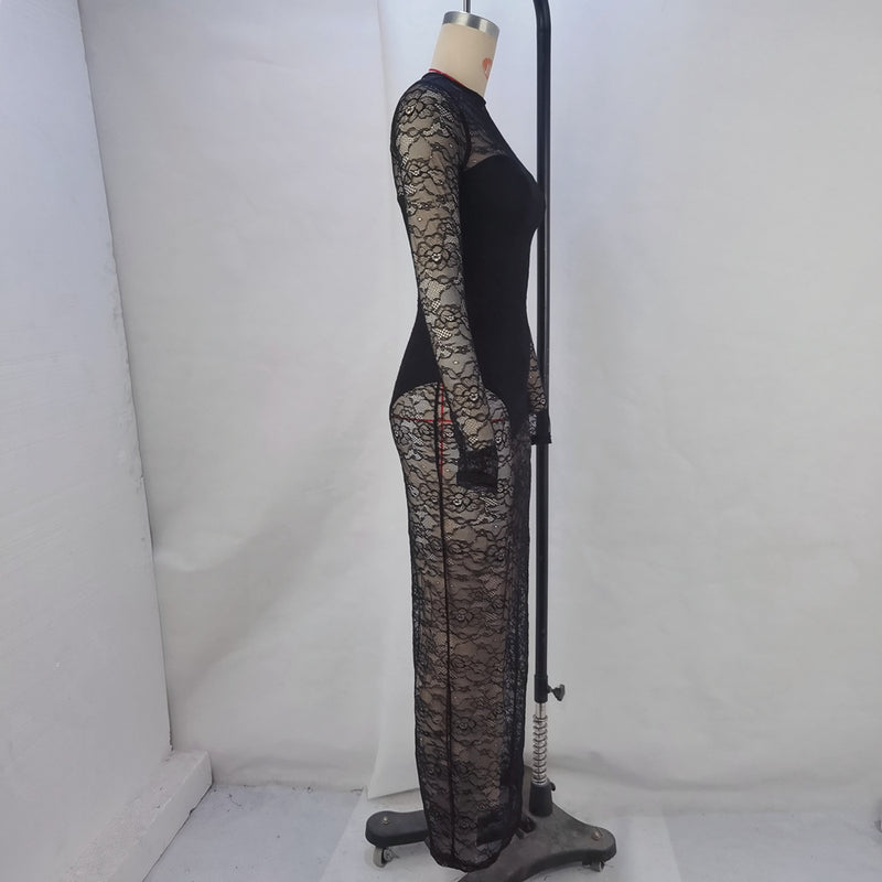 Lace Patchwork See Through Bodycon Dress GPBY 15142
