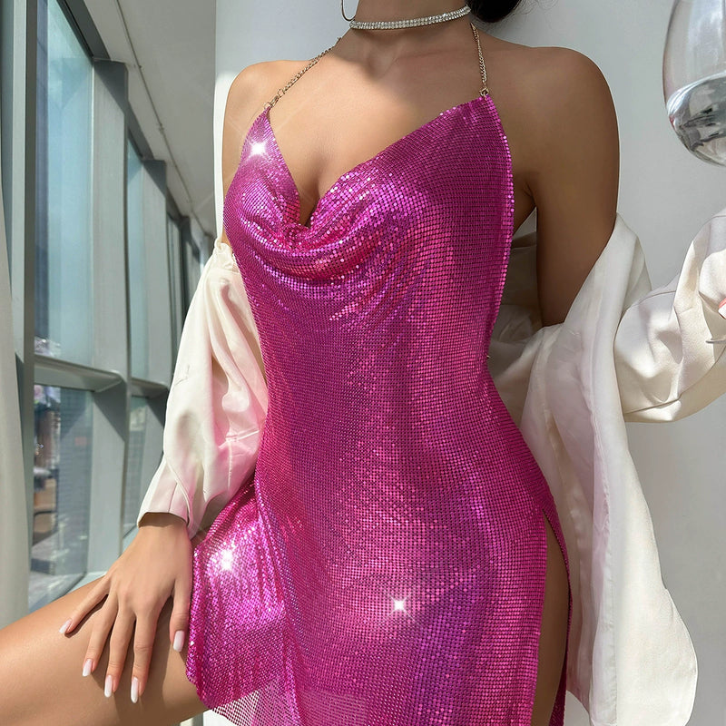 Backless Sequin V Neck Halterneck Mini Dress GZYY 2669