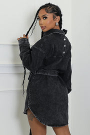 Long Sleeve Single breasted Tie Up Denim Coat WXHY XHY4013