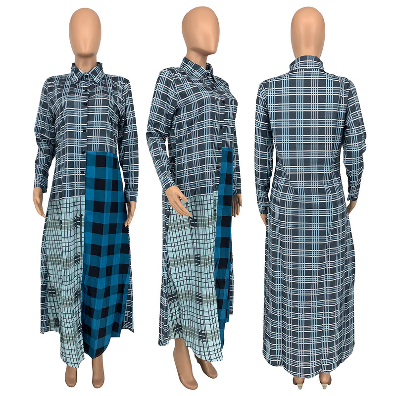 Plus Size Plaid Print Long Sleeve Maxi Shirt GLF 08082
