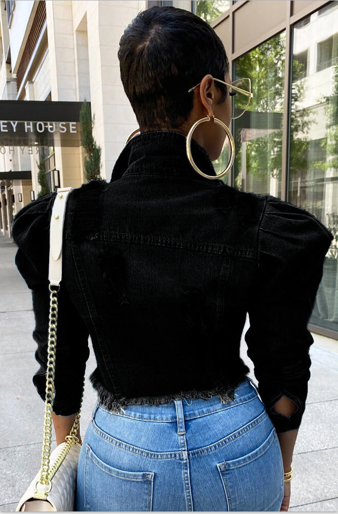Ripped Bubble Sleeve Denim Jacket GQDH 911