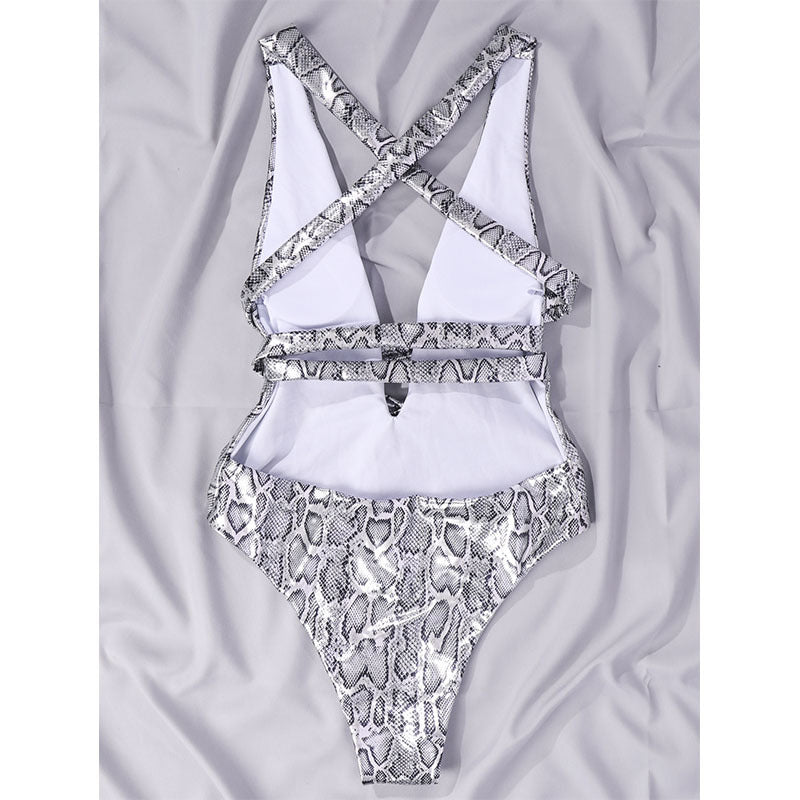 Snake Print Backless Tight One Piece Swimsuit DYSC DY3111194