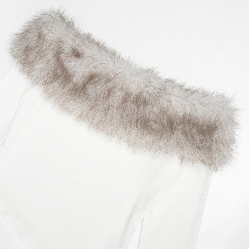 Fur Neck One Shoulder Tops GAXB D397TP