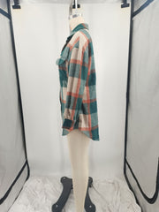 Plus Size Loose Plaid Mauney Long Sleeve Shirt Coat YIM 370