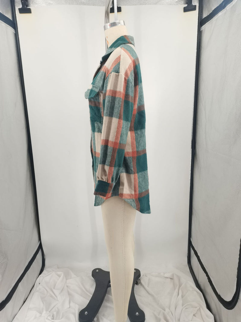 Plus Size Loose Plaid Mauney Long Sleeve Shirt Coat YIM 370
