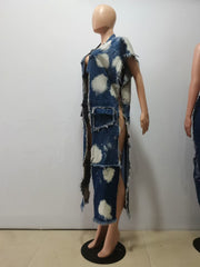 Fashion Chain Patchwork Sleeveless Denim Split Long Coat CM 8696