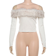 Off Shoulder Fur NeckT Shirt Top XEF K25L82448