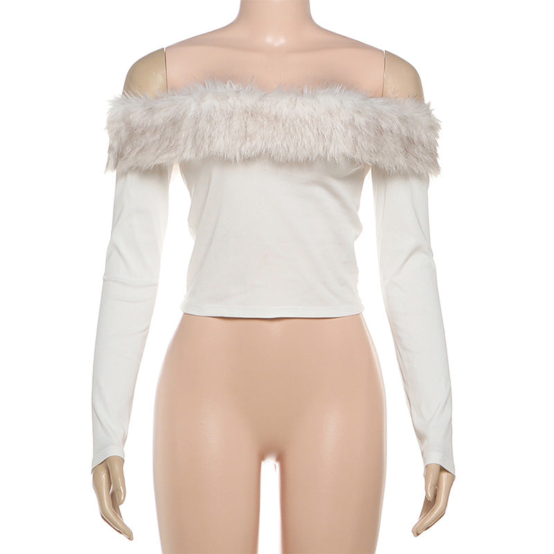 Off Shoulder Fur NeckT Shirt Top XEF K25L82448