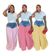 Denim Patchwork Plaid Loose Wide Leg Pants SFY 737