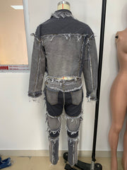 Patchwork Denim Jacket Jeans Pants Two Piece Sets LSD 8773
