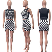Sexy Sleeveless Plaid Mini Skirt 2 Piece Sets HMS 5551