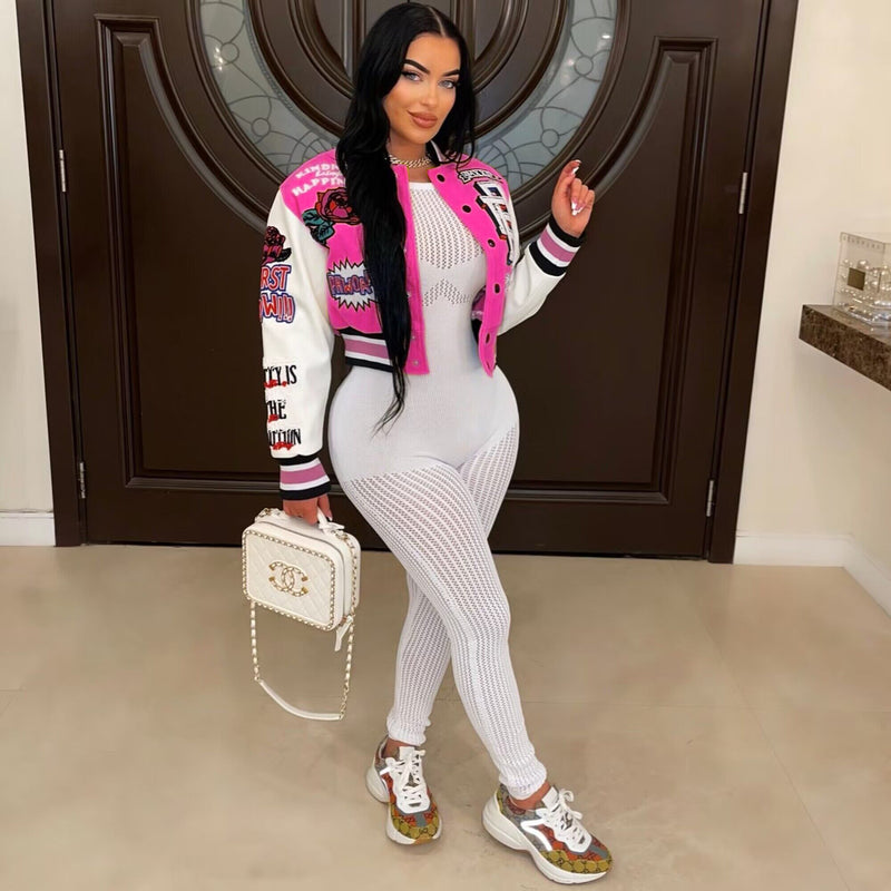 Fashion Print Long Sleeve Rib Patchwork Baseball Jacket YNSF 2618
