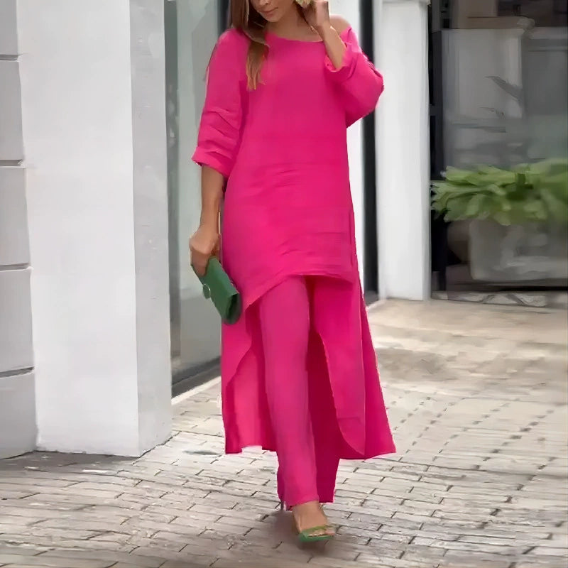 Plus Size Solid Color Long Sleeve Irregular Two Piece Pants Set GYJY W0839