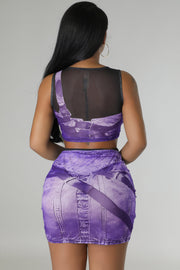 Sexy Mesh Print Sleeveless Skirts Two Piece Set FENF 272