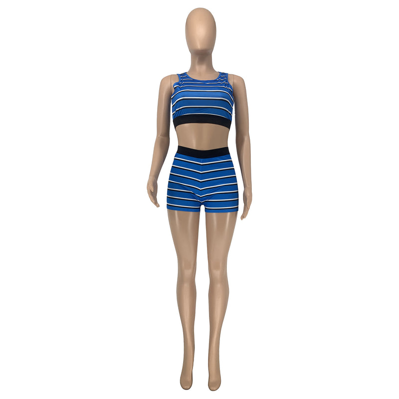 Summer Stripe Sleeveless Two Piece Shorts Set GLF 10128