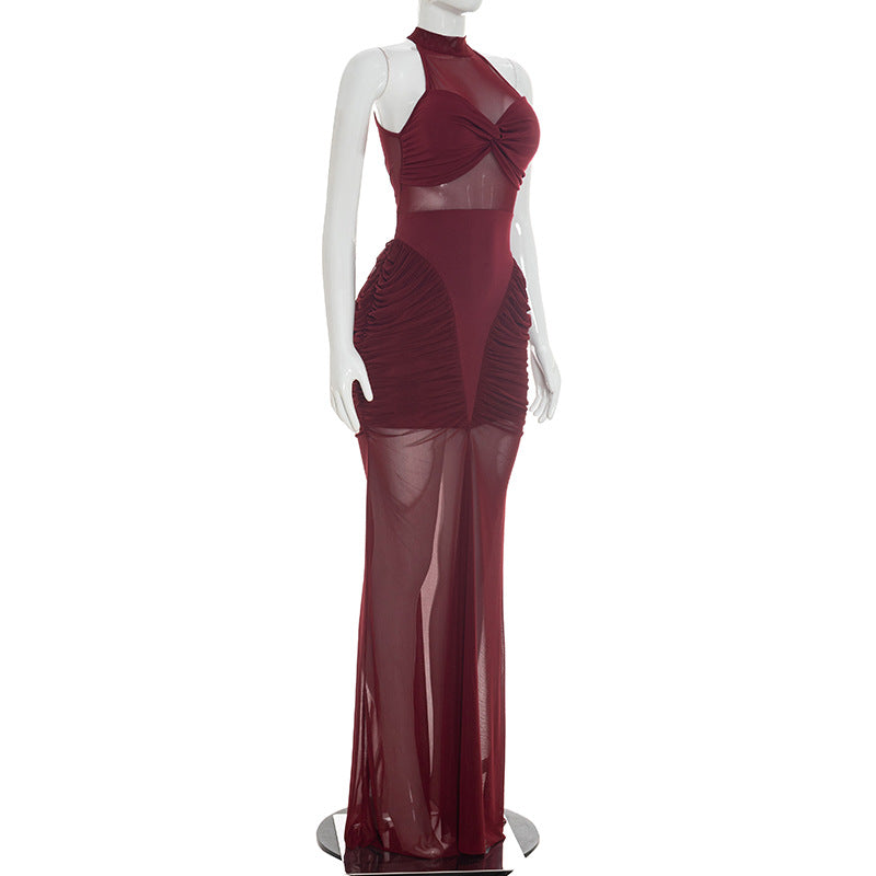 Mesh Patchwork See Through Sleeveless Maxi Dress GDSF D26DS180