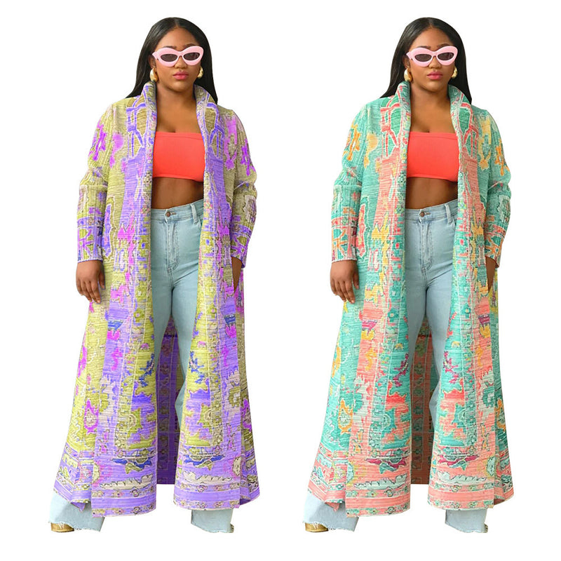 Plus Size Pleated Printed Trench Coat Long Jacket NNWF 10634
