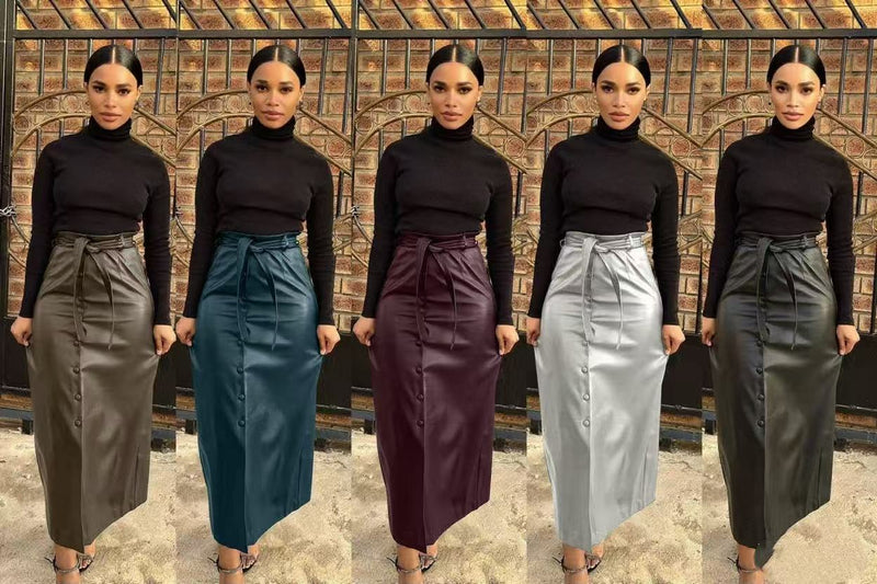 Split Half PU Leather Skirt With Belt QODY 6005