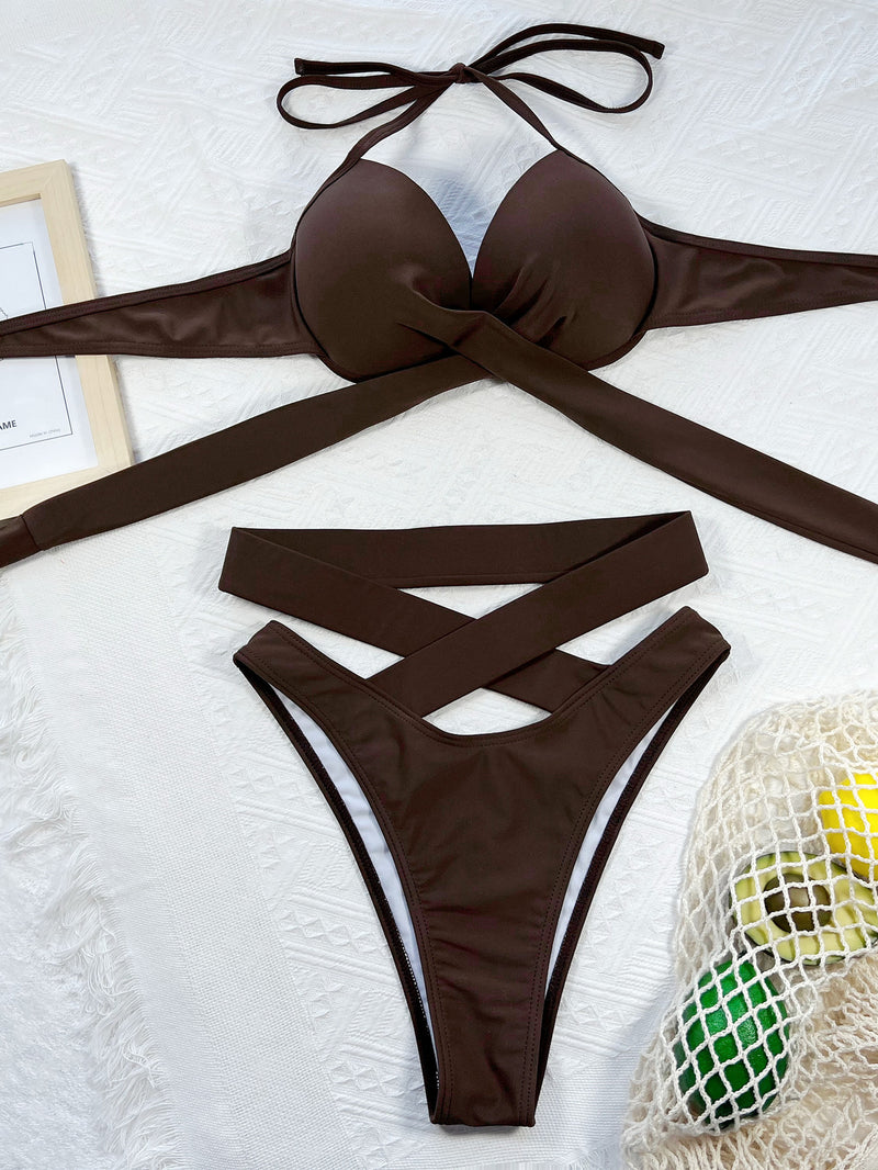Solid Color Sexy Tie Up Swimsuit Two Piece Sets CSYZ B546K