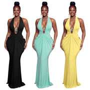 V Neck Halterneck Tie Up Maxi Dress YF 11083