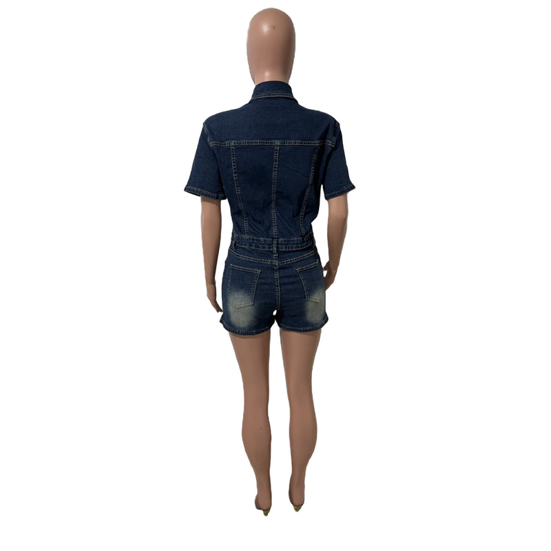Short Sleeve Lapel Denim Romper LX 6059