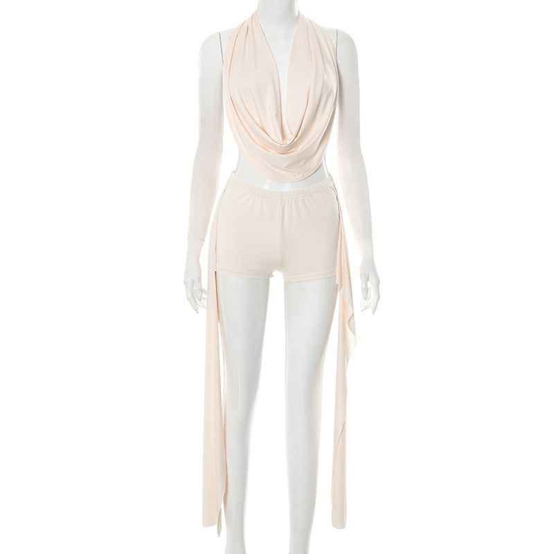 Halterneck Sleeveless Backless Tops Short Suit GDSF J25ST082
