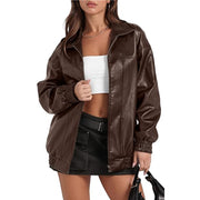 Long Sleeve Collared Zipper PU Leather Jacket GYOU CX830