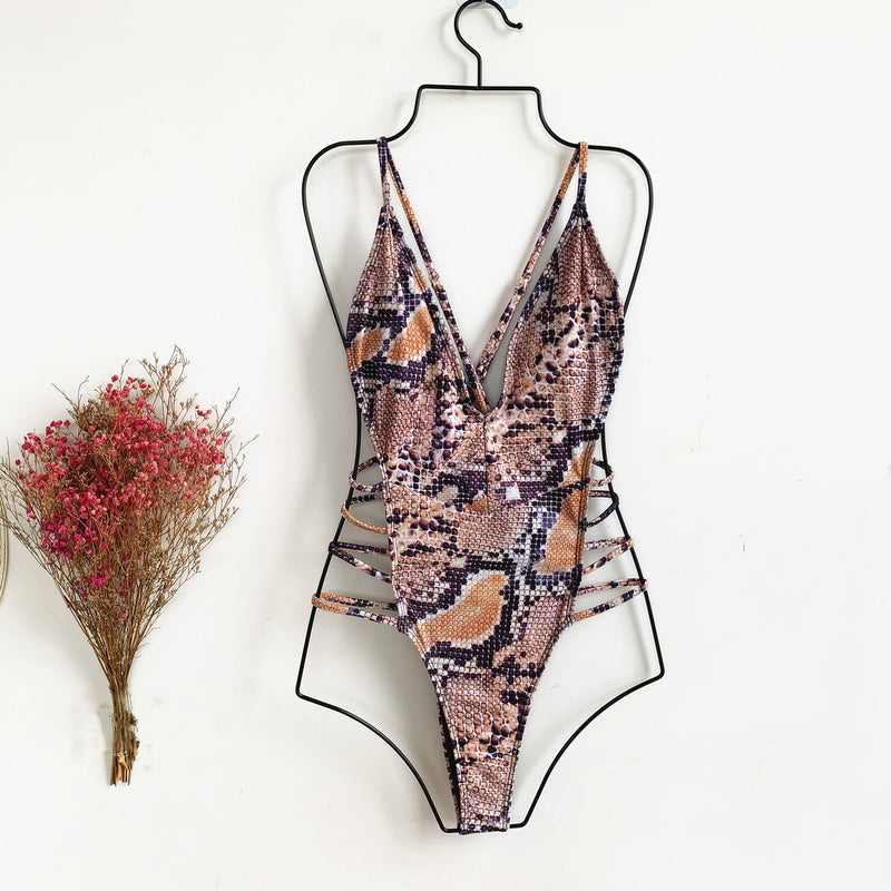 Snake Skin Print V Neck Hollow One Piece Swimsuit CASF 6101