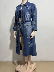 Plus Size Denim Cross Embroidered Long Trench Coat GAKF A41016