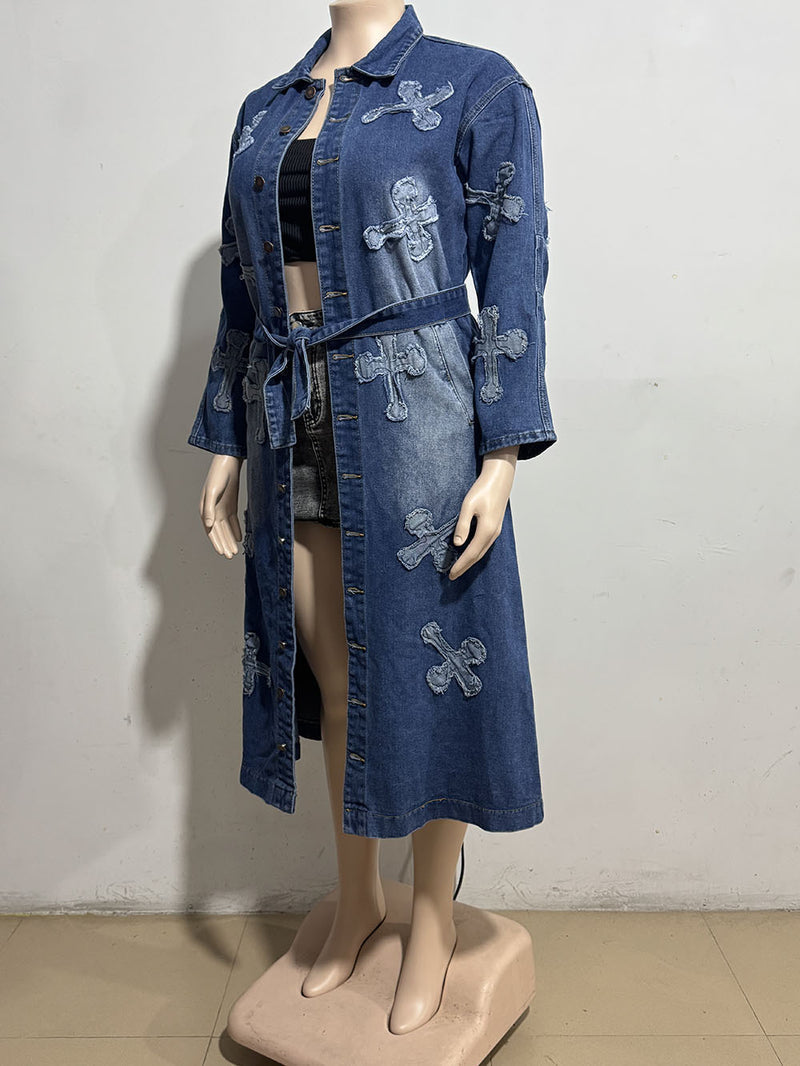 Plus Size Denim Cross Embroidered Long Trench Coat GAKF A41016