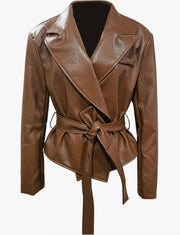 Long Sleeve Tie Up Leather Coat GPBY CT8221