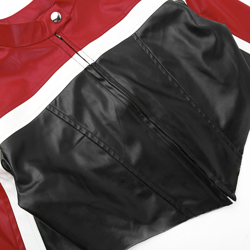 Fashion Contrast Color Short Leather Coat FL YY23427