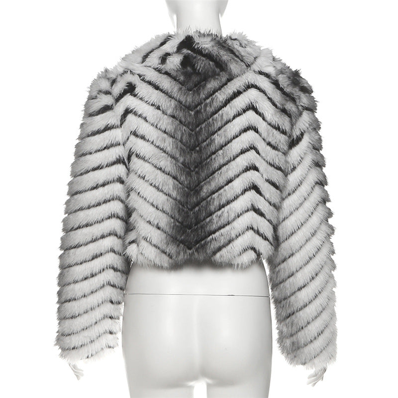 Striped Lapel Zipper Fur Jacket GYME K25C79854
