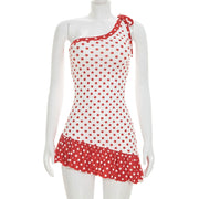 Polka Dots Print Slash Shoulder Mini Dress MXBF J26DS154