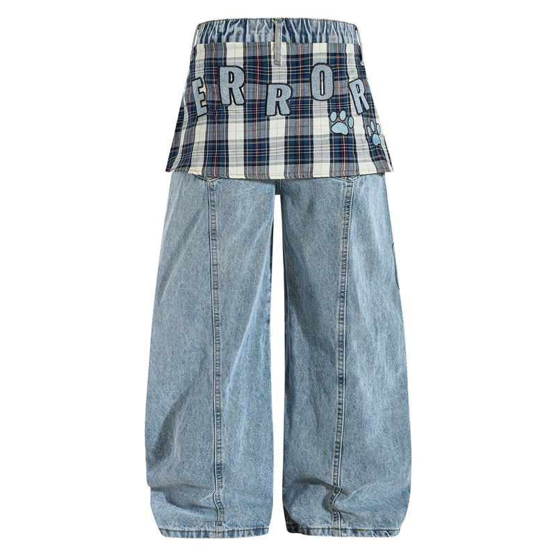 Plus Size Plaid Patchwork Embroidered Puppy Jeans GYLN 2956