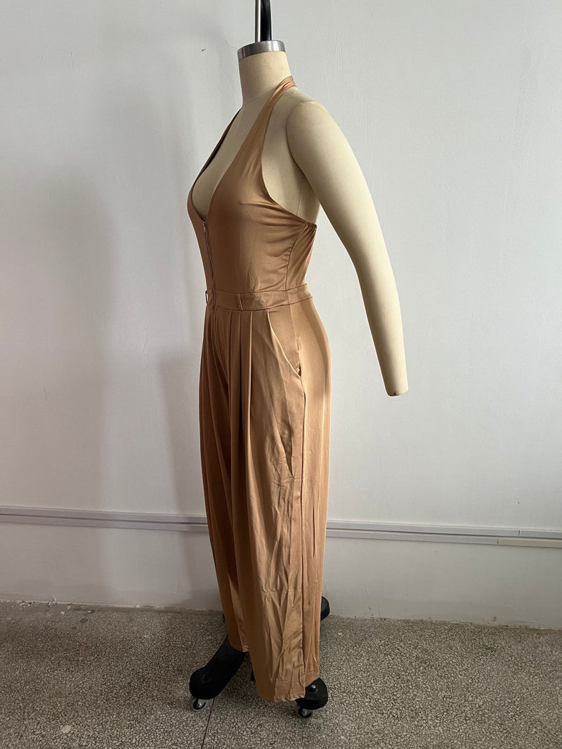Halterneck Solid Color Zipper Jumpsuit Without Belt TE 4755
