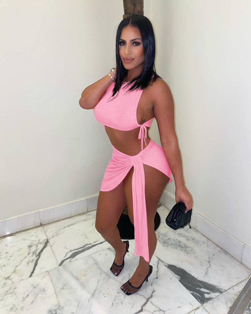 Solid Lace Up Sleeveless Mini Skirt 2 Piece Sets NIK 251
