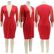 Solid Sexy Tassel Deep V Neck Bodycon Dress HNIF 073