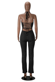 Polka Dots Printed Halterneck Bandage Jumpsuit MZ 26013