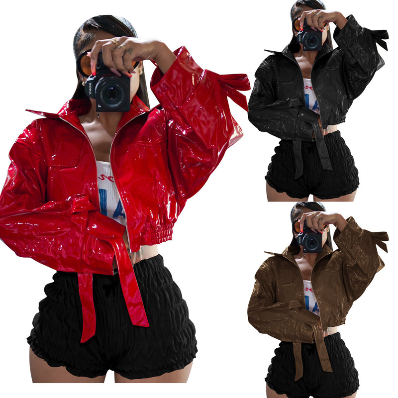 Fashion Solid Color PU Leather Jacket YD 8820