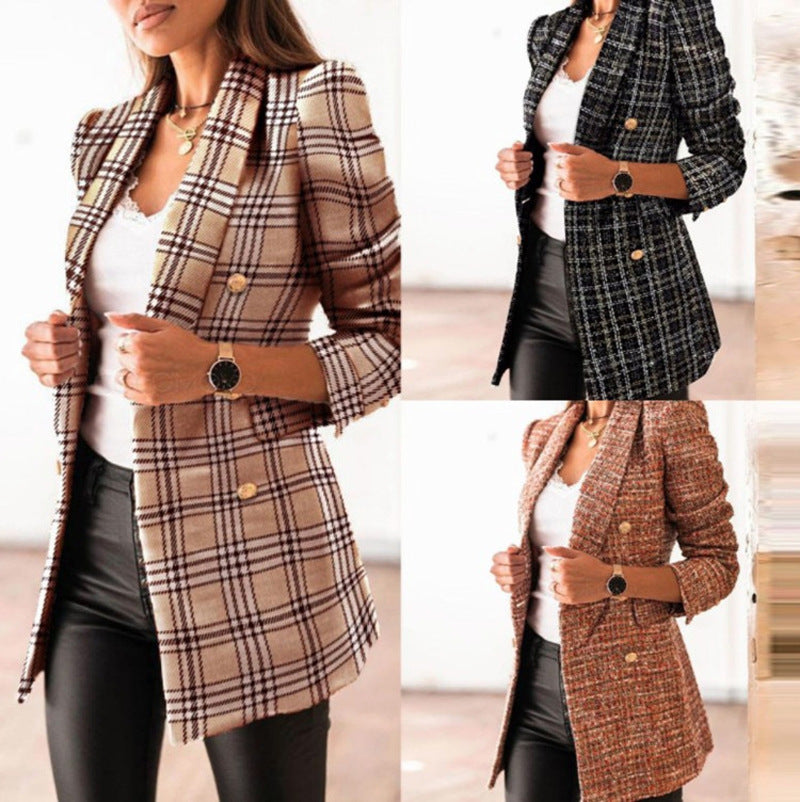 Plus Size Long Sleeve Plaid Print Blazer Coat GWTC W0273