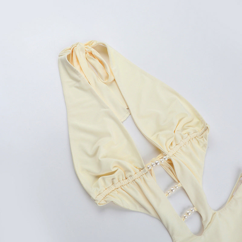Pearls Hollow Out Solid One Piece Swimsuit FL XY25152MHO