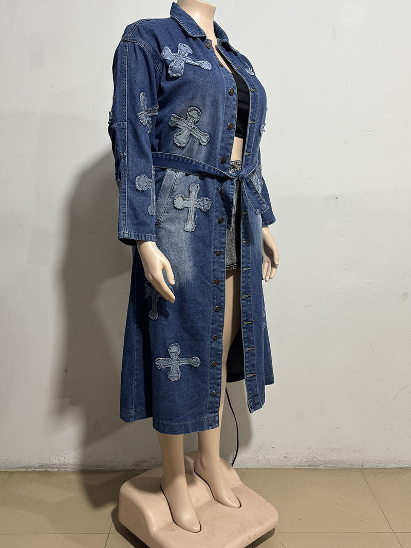 Plus Size Denim Cross Embroidered Long Trench Coat GAKF A41016
