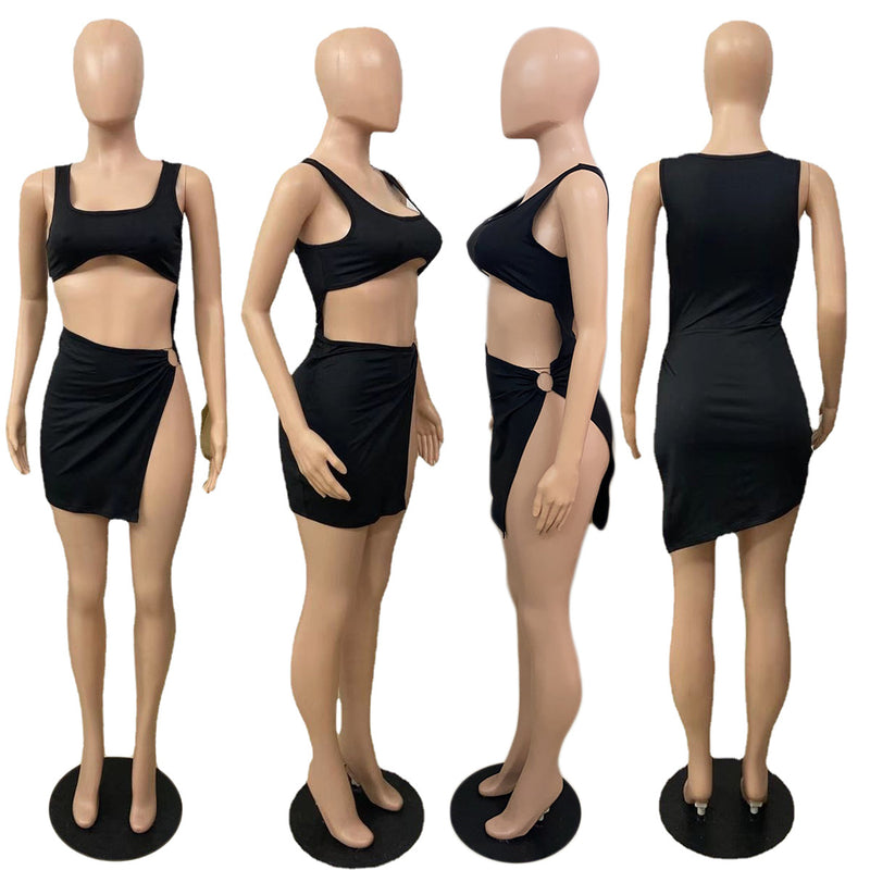 Sexy Solid Crop Tops And Split Skirt 2 Piece Set QXTF 8865