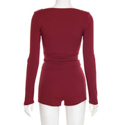 Long Sleeve Solid Color Two Piece Shorts Set GSZM D25ST354