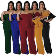 Plus Size Off Shoulder Short Sleeve Wide Leg Jumpsuit NNWF 7797