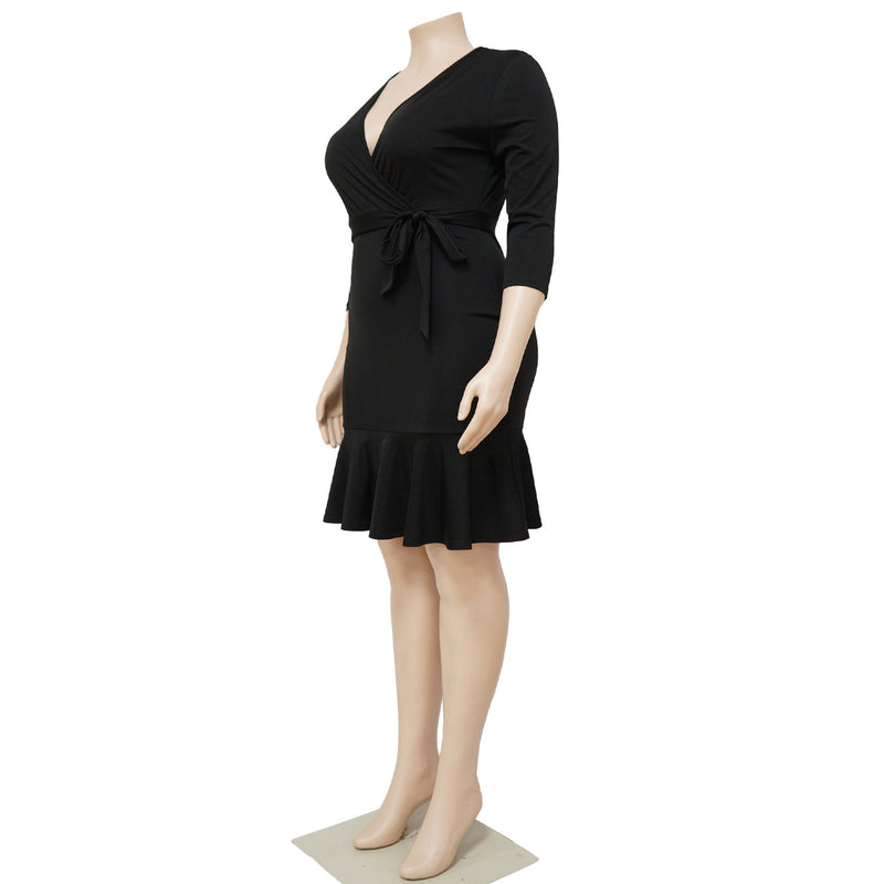 Plus Size Solid V Neck 3 4 Sleeve Ruffled Bodycon Dress NNWF 7555
