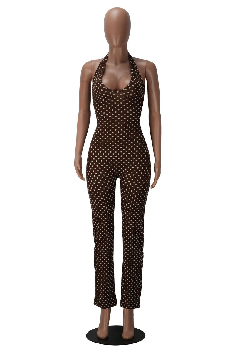 Polka Dots Printed Halterneck Bandage Jumpsuit MZ 26013