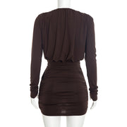 Deep V Neck Logn Sleeve Ruched Mini Dress GSZM C26DS333